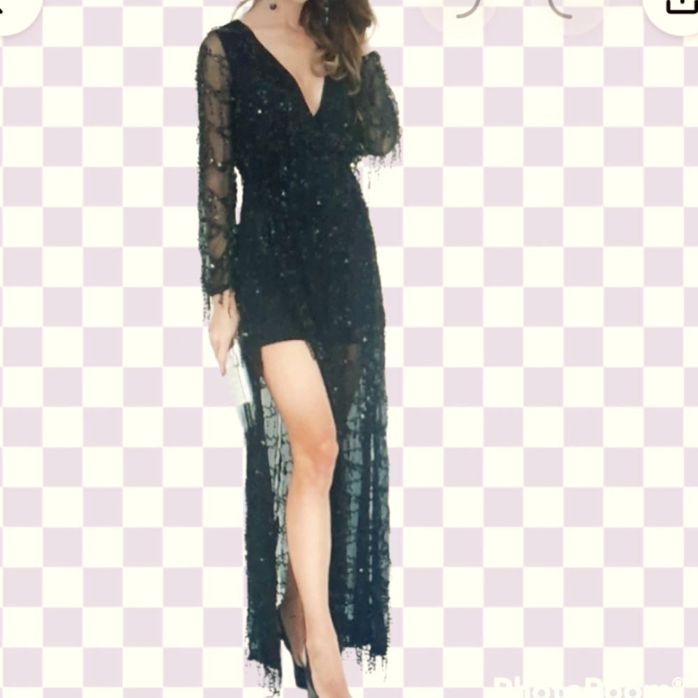 Missors Split Thigh Plunge Neck Sequin